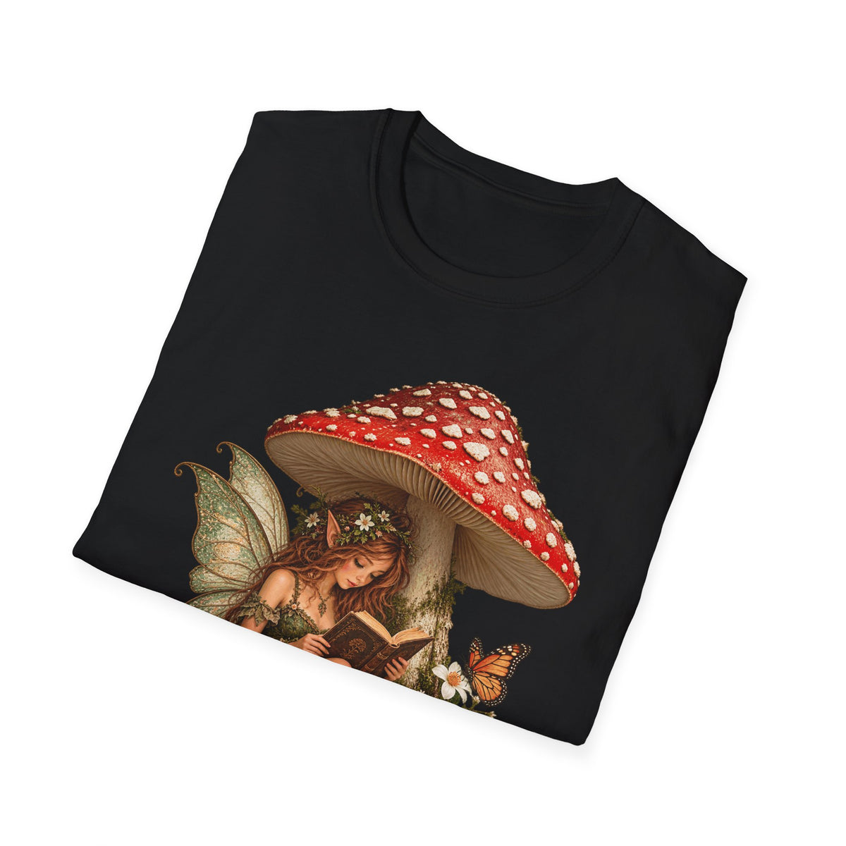 Fairy Mushroom T-Shirt — Woodland Fairy Reading Under Red Toadstool
