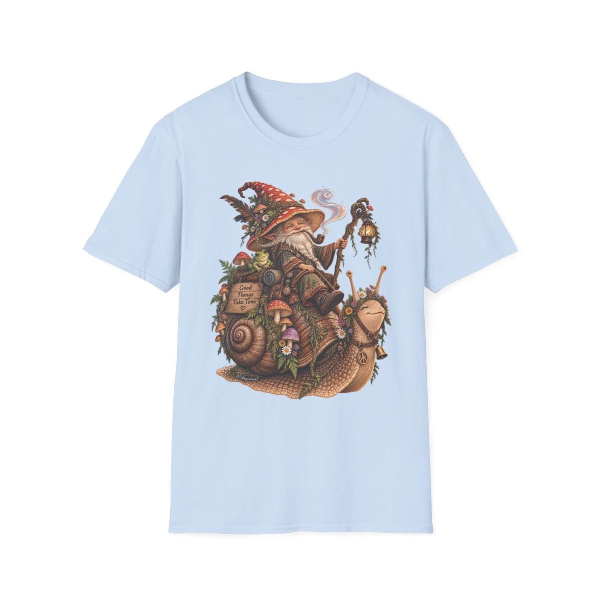Mushroom Wizard Riding Snail T-Shirt  Whimsical Fantasy Illustration Tee