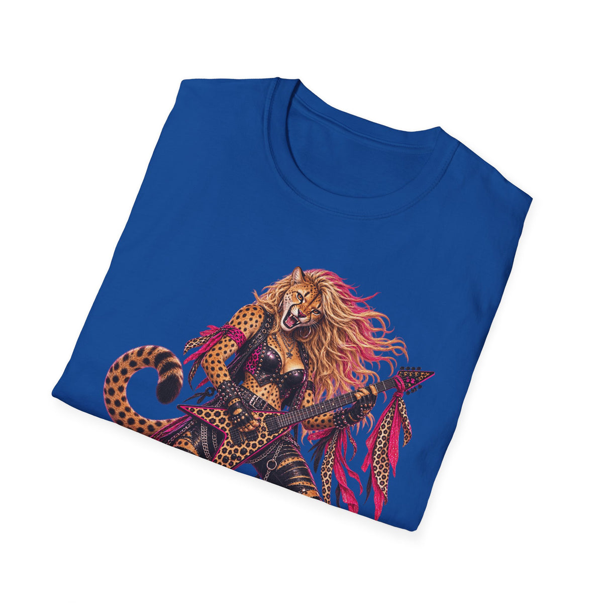 Glam Metal Cheetah Guitarist T-Shirt — Retro 80s Rock Woman Graphic Tee