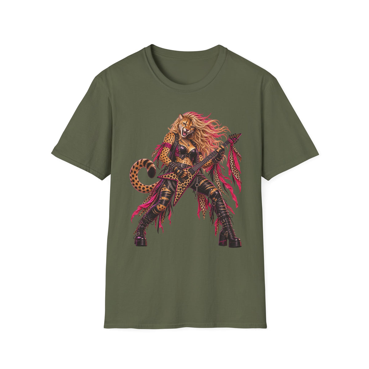Glam Metal Cheetah Guitarist T-Shirt — Retro 80s Rock Woman Graphic Tee