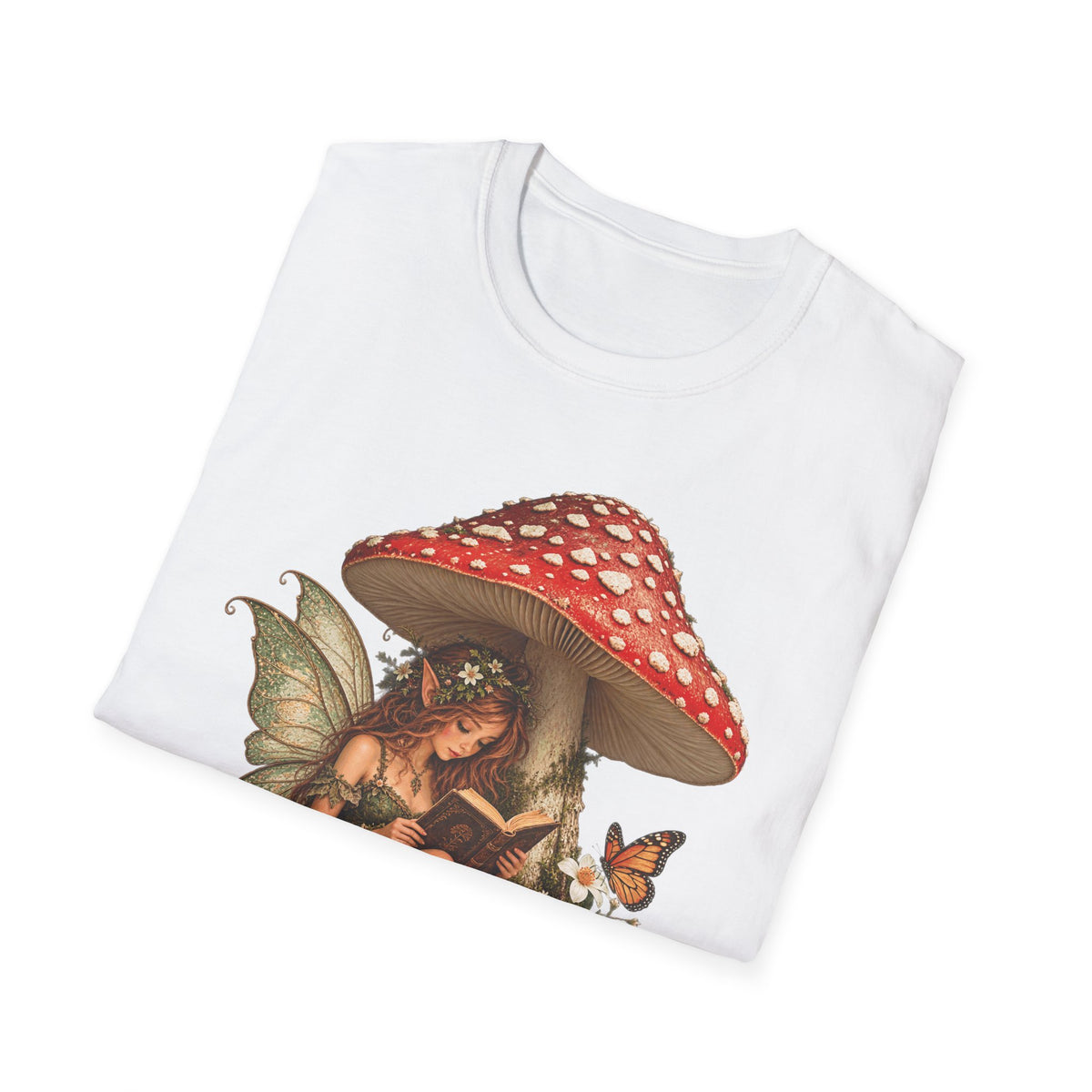 Fairy Mushroom T-Shirt — Woodland Fairy Reading Under Red Toadstool