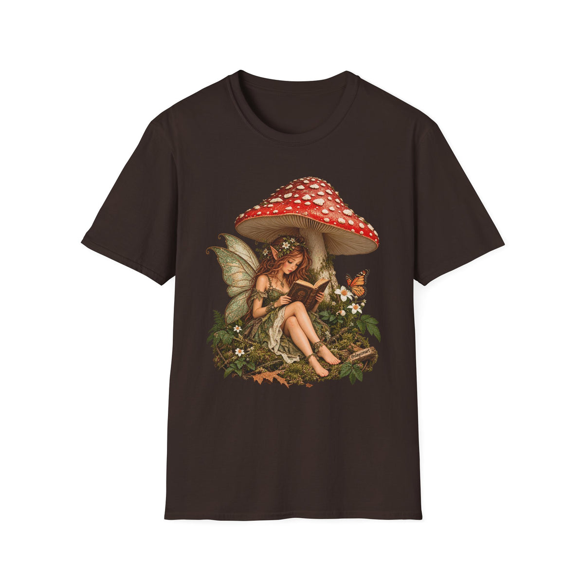 Fairy Mushroom T-Shirt — Woodland Fairy Reading Under Red Toadstool