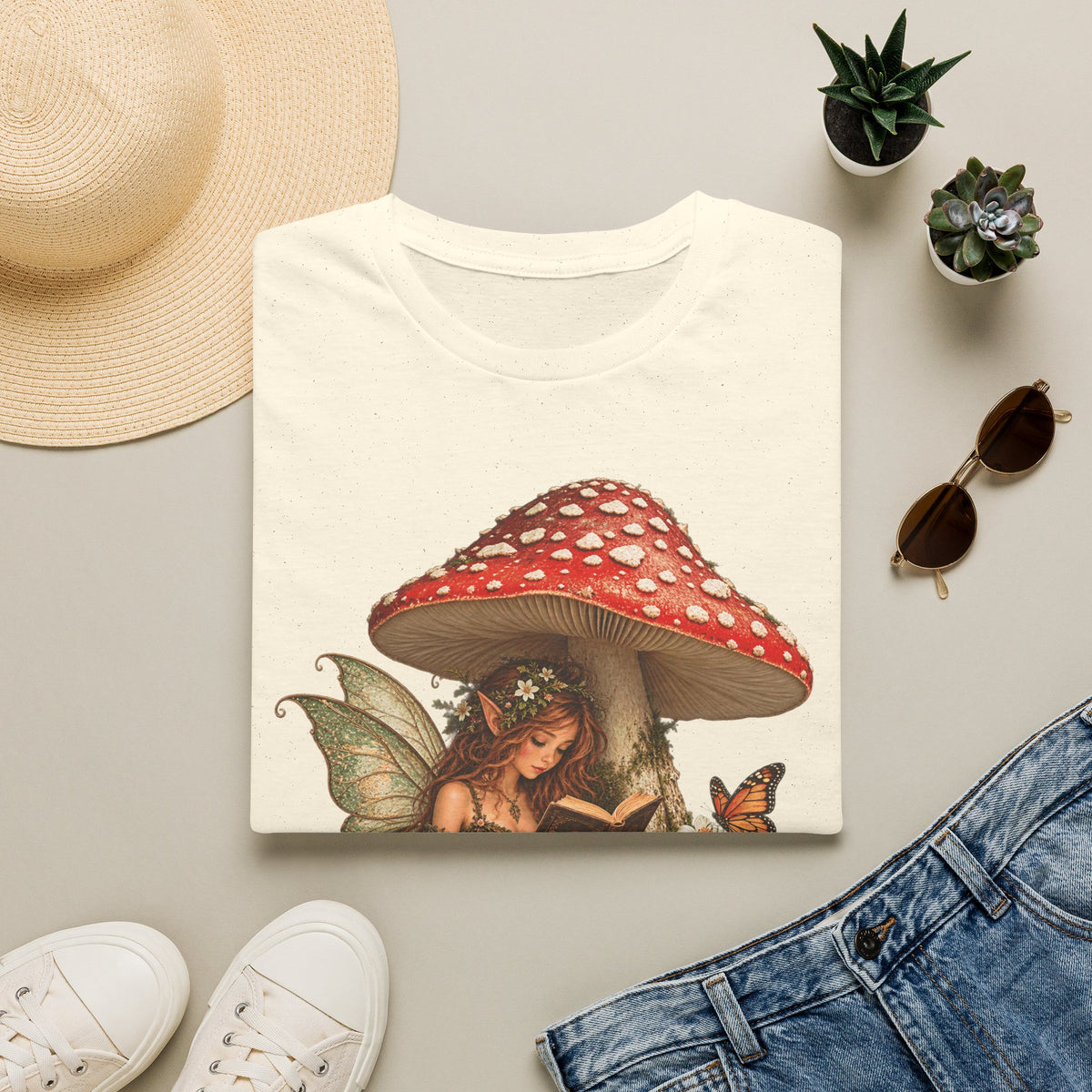 Fairy Mushroom T-Shirt — Woodland Fairy Reading Under Red Toadstool