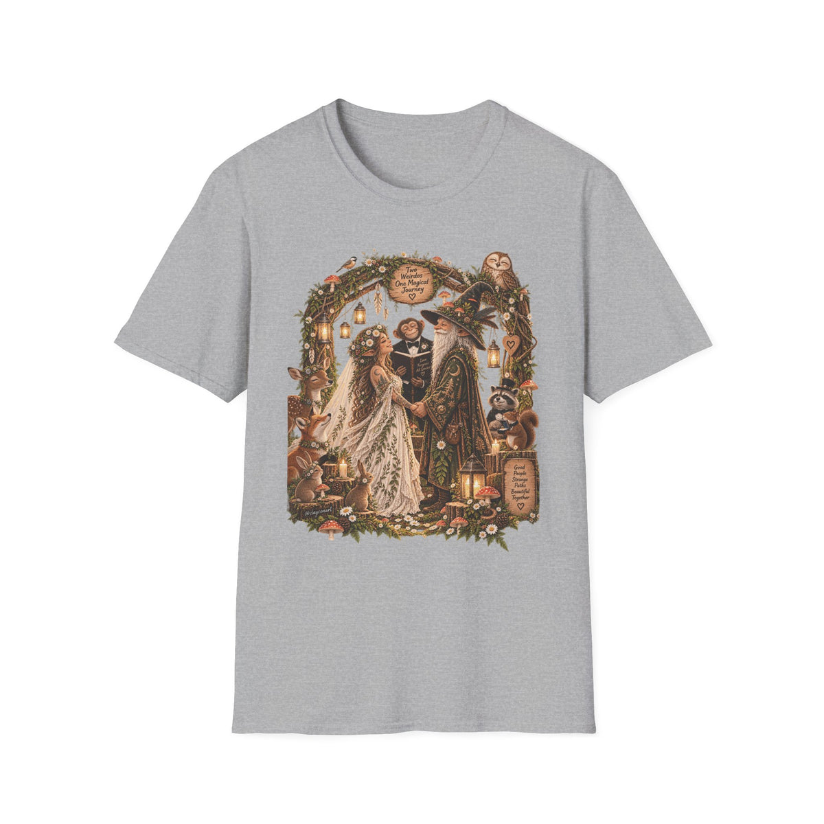 Woodland Wizard Wedding Fantasy T-Shirt — Fairy Tale Bride & Groom Illustration