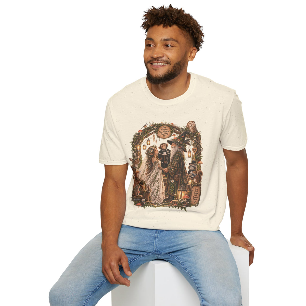 Woodland Wizard Wedding Fantasy T-Shirt — Fairy Tale Bride & Groom Illustration