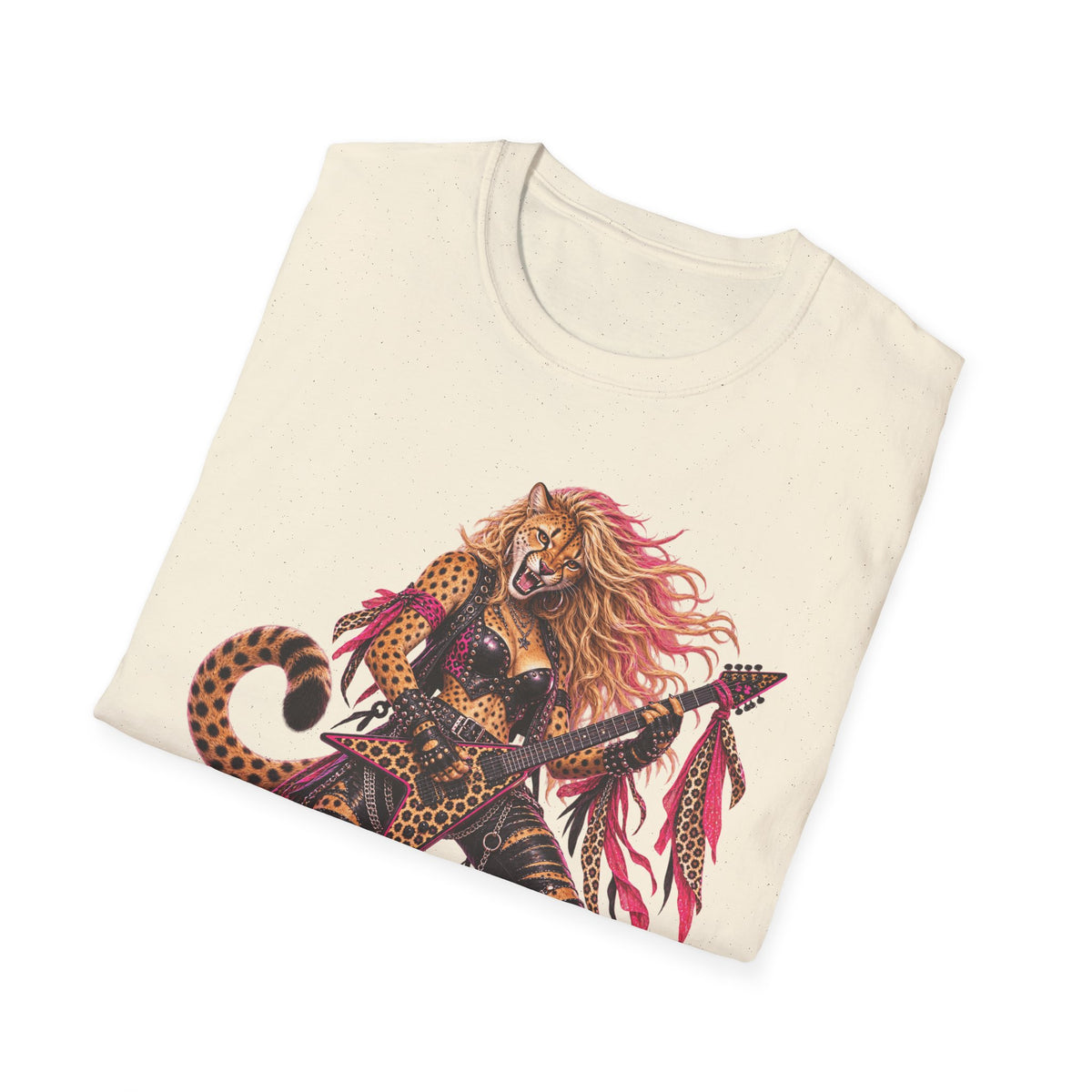 Glam Metal Cheetah Guitarist T-Shirt — Retro 80s Rock Woman Graphic Tee