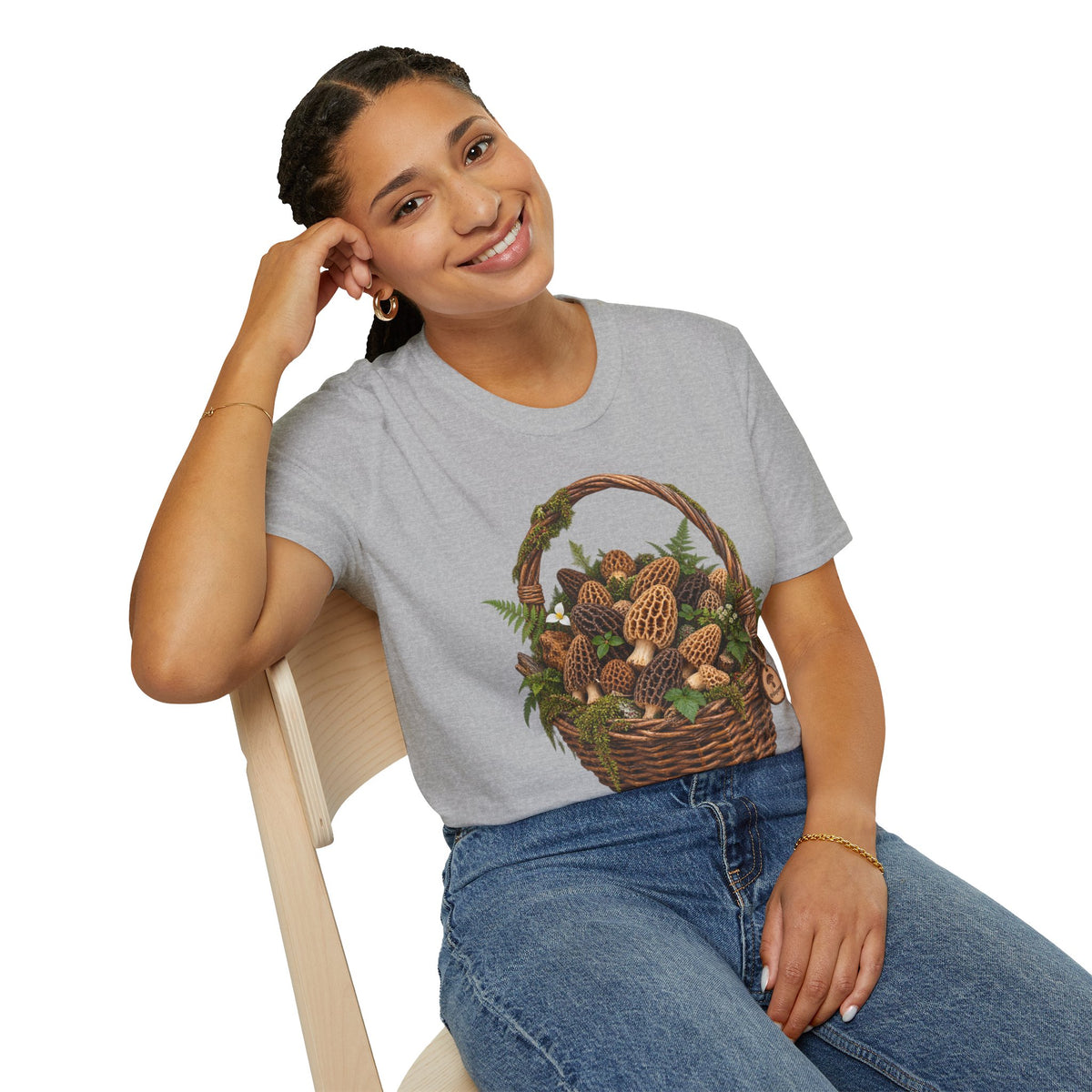 Morel Mushroom Basket T-Shirt Woodland Foraging Nature Graphic Tee Unisex Softstyle T-Shirt