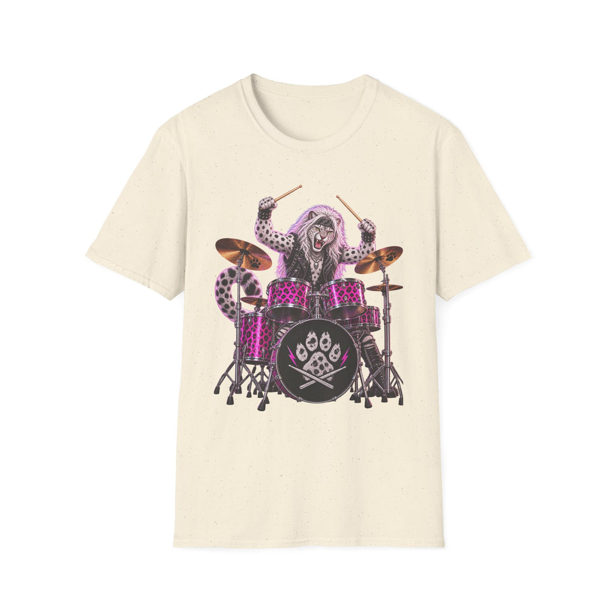 Drumming Snow Leopard T-Shirt — Cute Rock Band Animal Drum Kit Tee