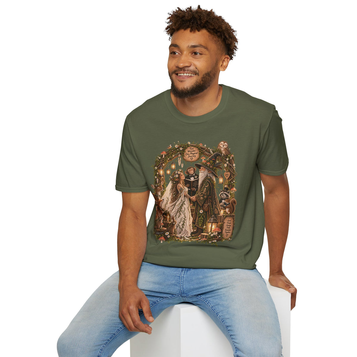 Woodland Wizard Wedding Fantasy T-Shirt — Fairy Tale Bride & Groom Illustration