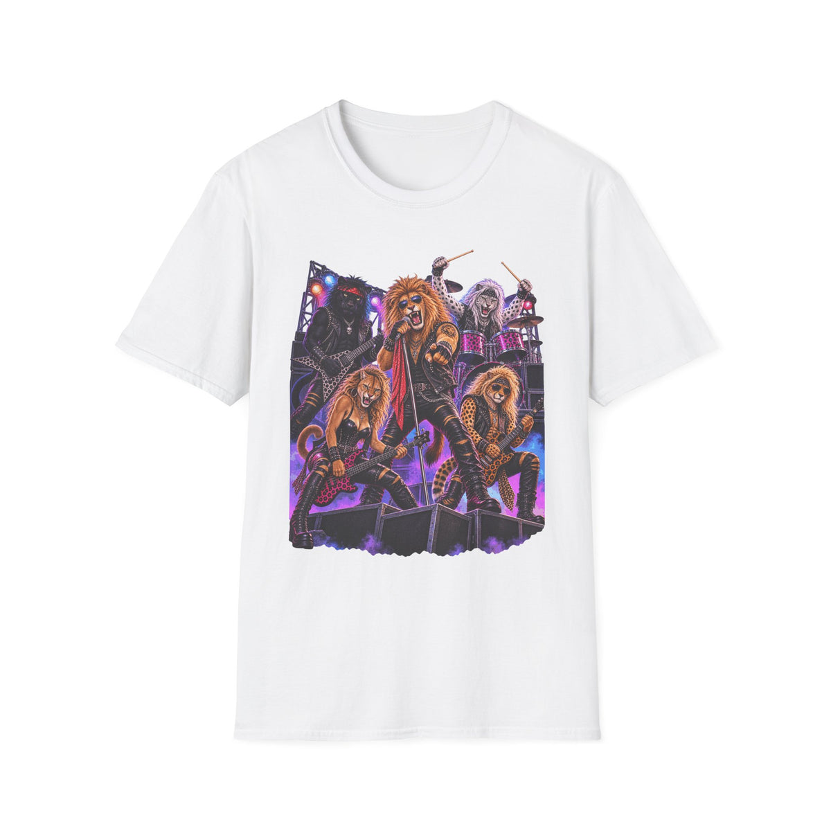 Neon Lights Retro 80s Big Cat Rock Band Graphic Tee