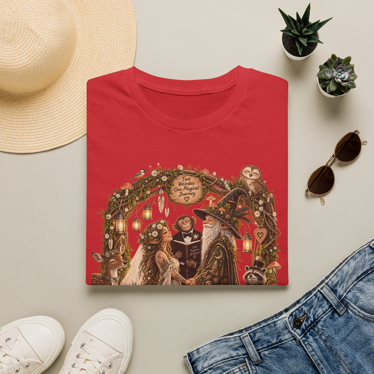 Woodland Wizard Wedding Fantasy T-Shirt — Fairy Tale Bride & Groom Illustration