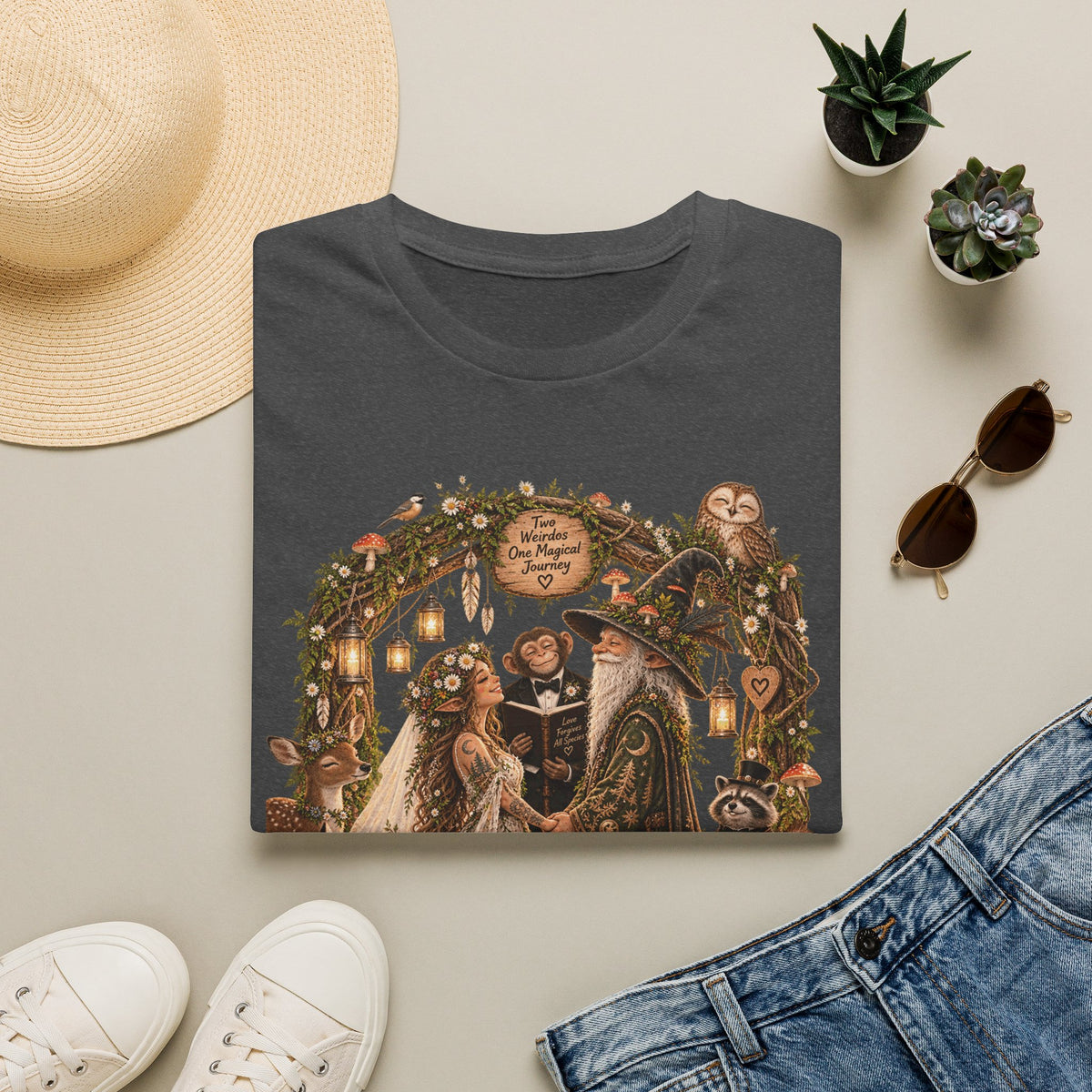 Woodland Wizard Wedding Fantasy T-Shirt — Fairy Tale Bride & Groom Illustration