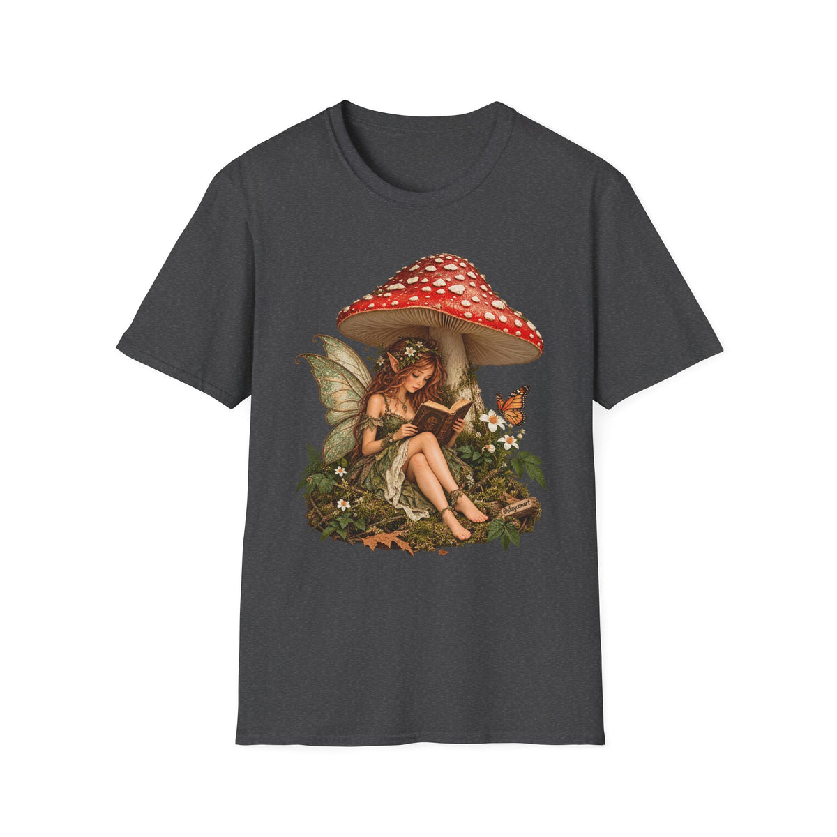 Fairy Mushroom T-Shirt — Woodland Fairy Reading Under Red Toadstool