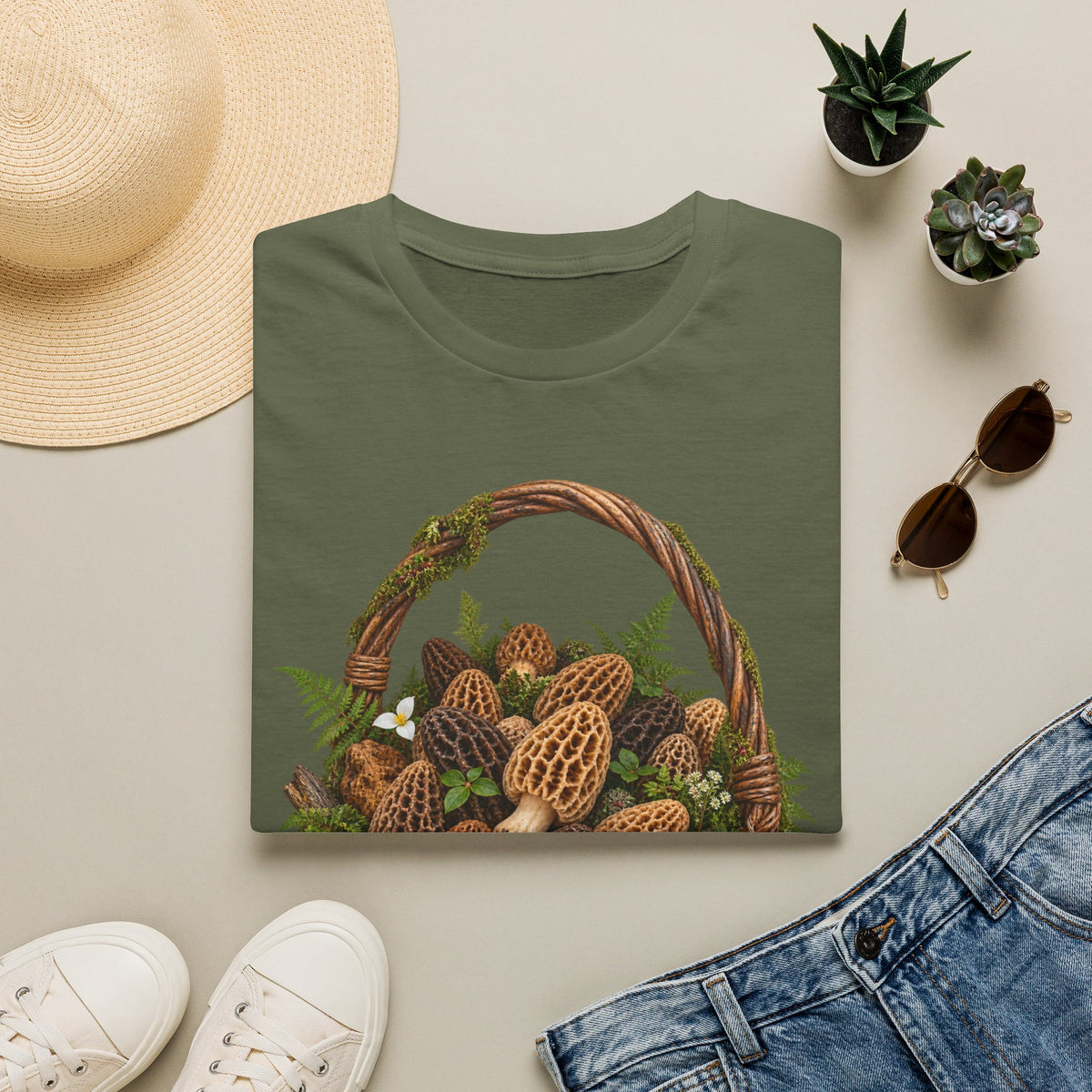 Morel Mushroom Basket T-Shirt Woodland Foraging Nature Graphic Tee Unisex Softstyle T-Shirt