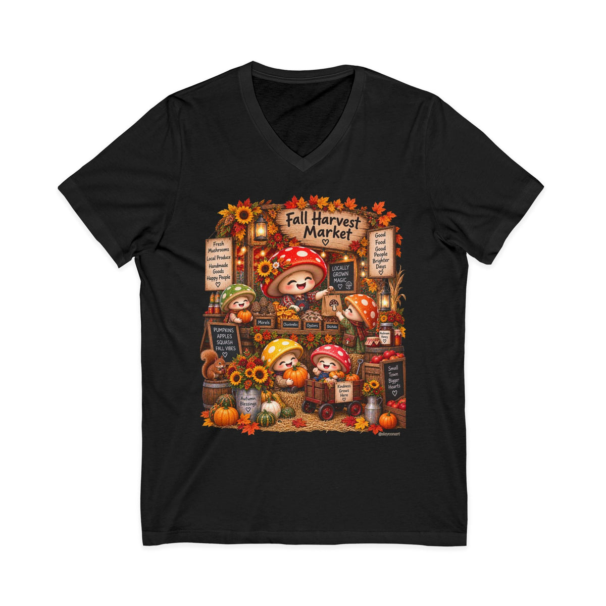 Mushroom Family Fall Farmers Market Jersey Short Sleeve V-Neck Tee