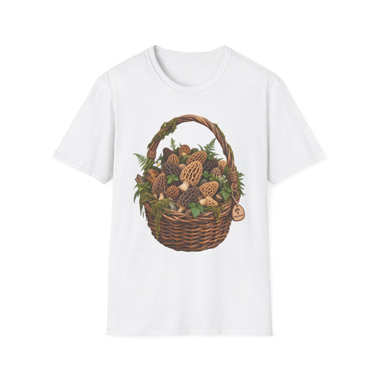 Morel Mushroom Basket T-Shirt Woodland Foraging Nature Graphic Tee Unisex Softstyle T-Shirt