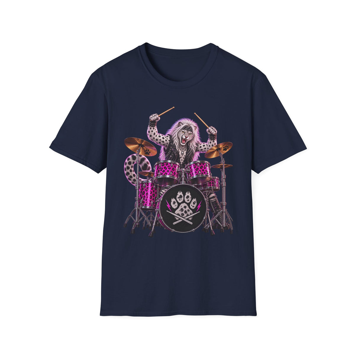 Drumming Snow Leopard T-Shirt — Cute Rock Band Animal Drum Kit Tee