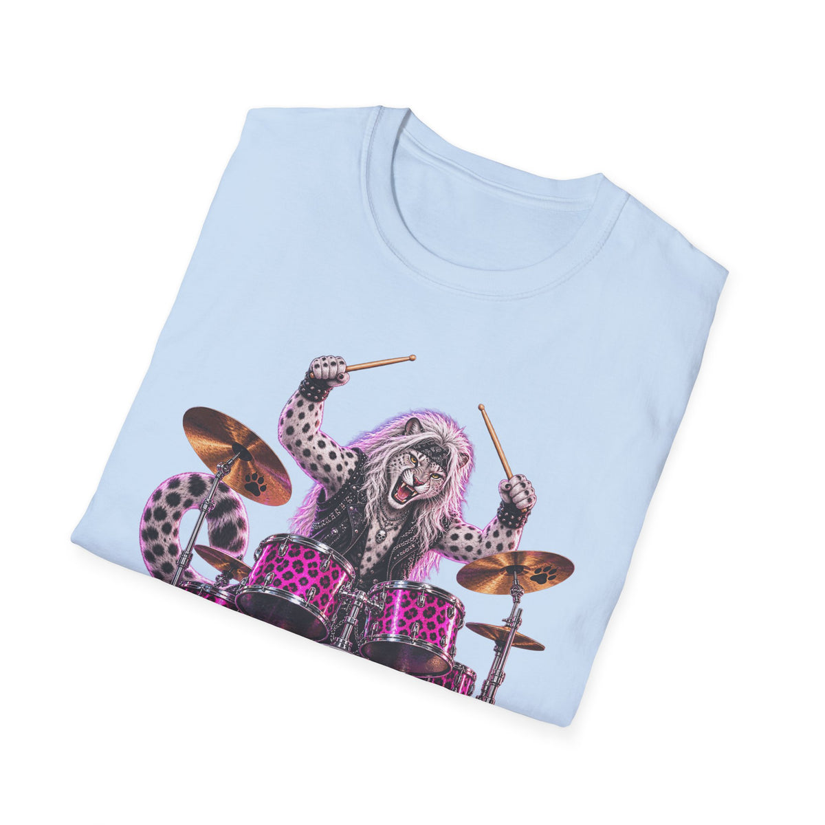 Drumming Snow Leopard T-Shirt — Cute Rock Band Animal Drum Kit Tee