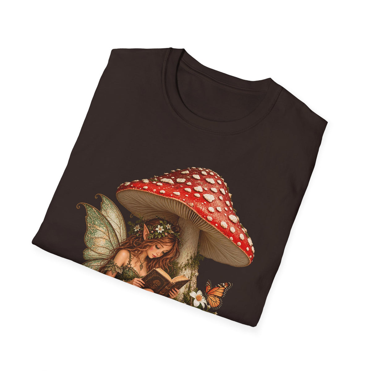 Fairy Mushroom T-Shirt — Woodland Fairy Reading Under Red Toadstool