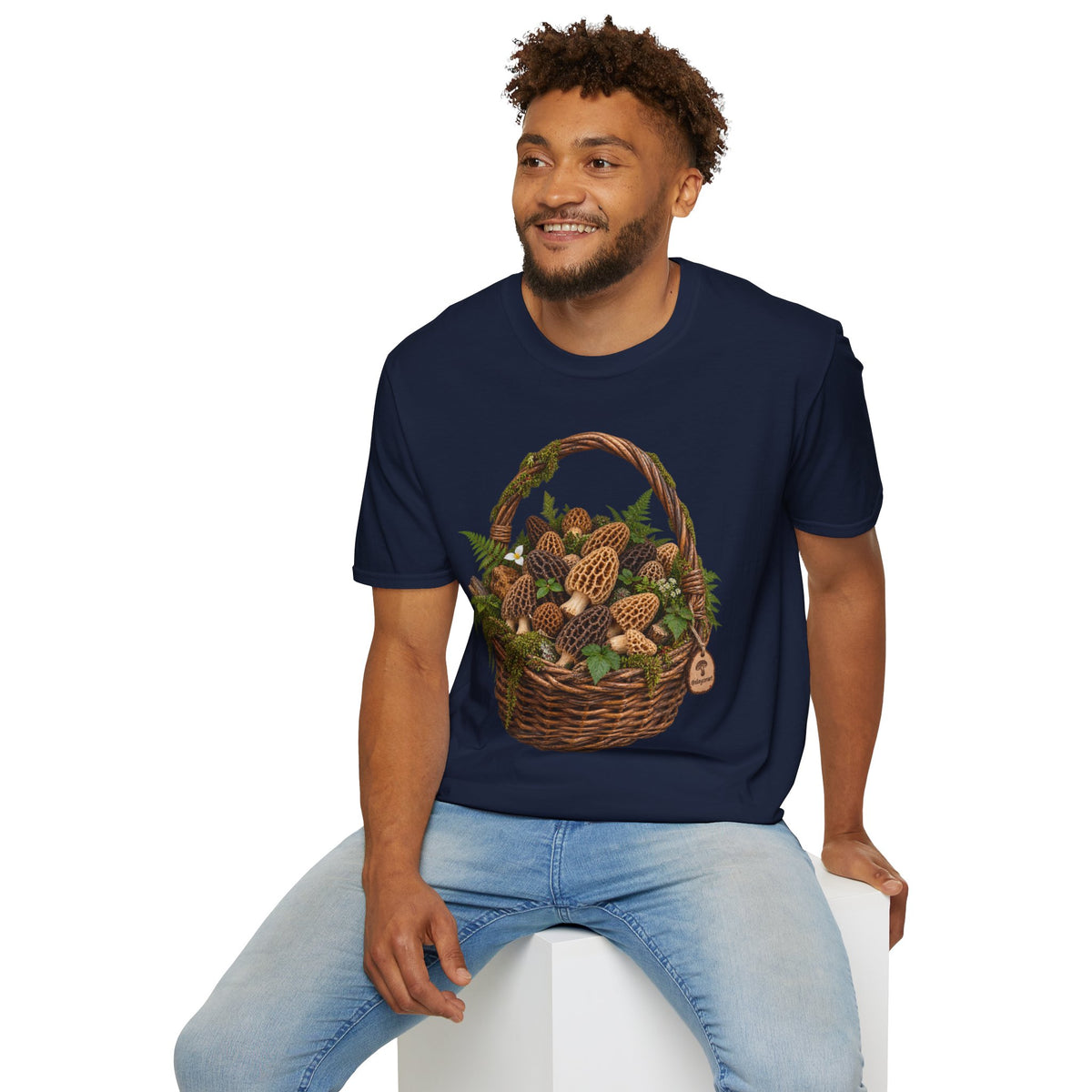 Morel Mushroom Basket T-Shirt Woodland Foraging Nature Graphic Tee Unisex Softstyle T-Shirt