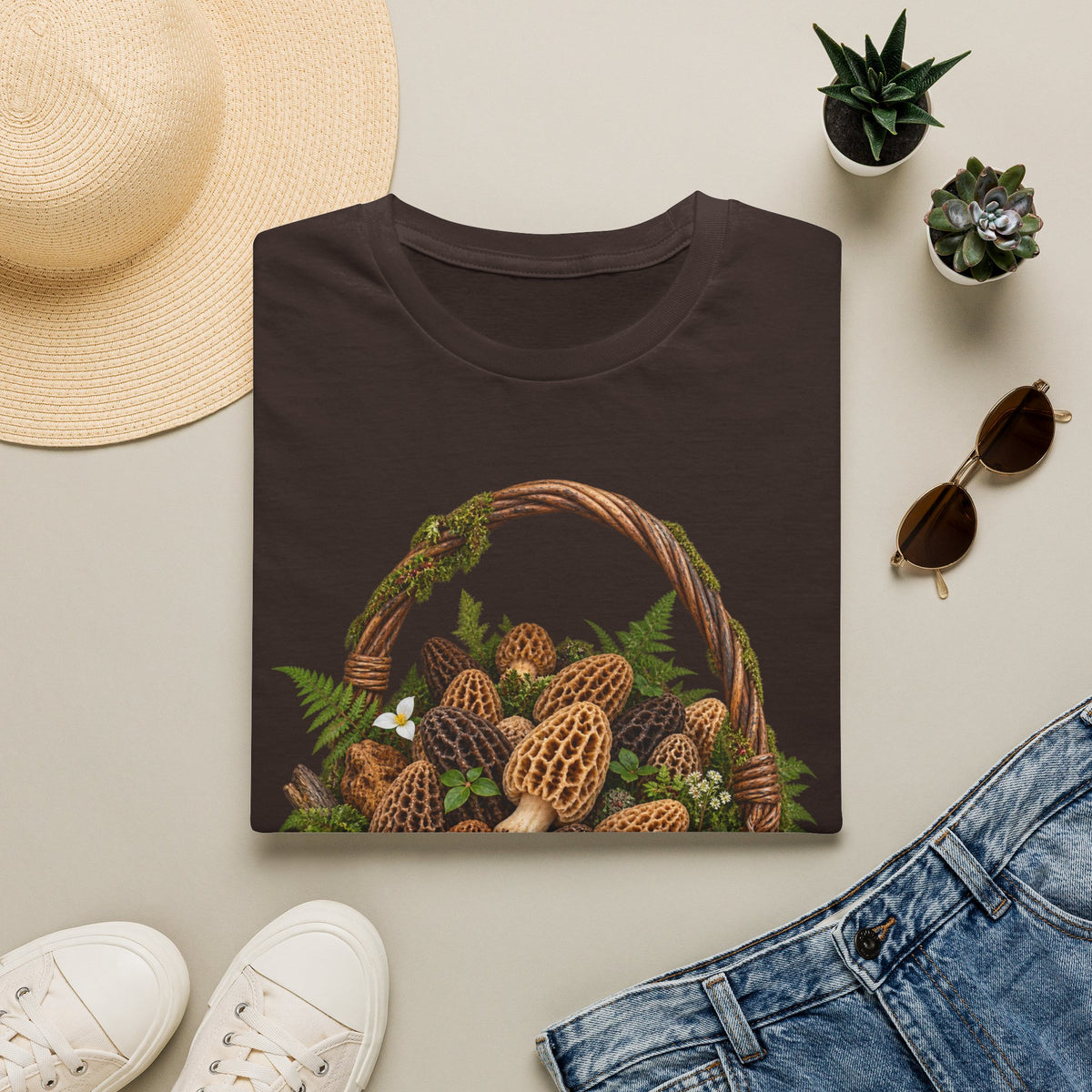 Morel Mushroom Basket T-Shirt Woodland Foraging Nature Graphic Tee Unisex Softstyle T-Shirt