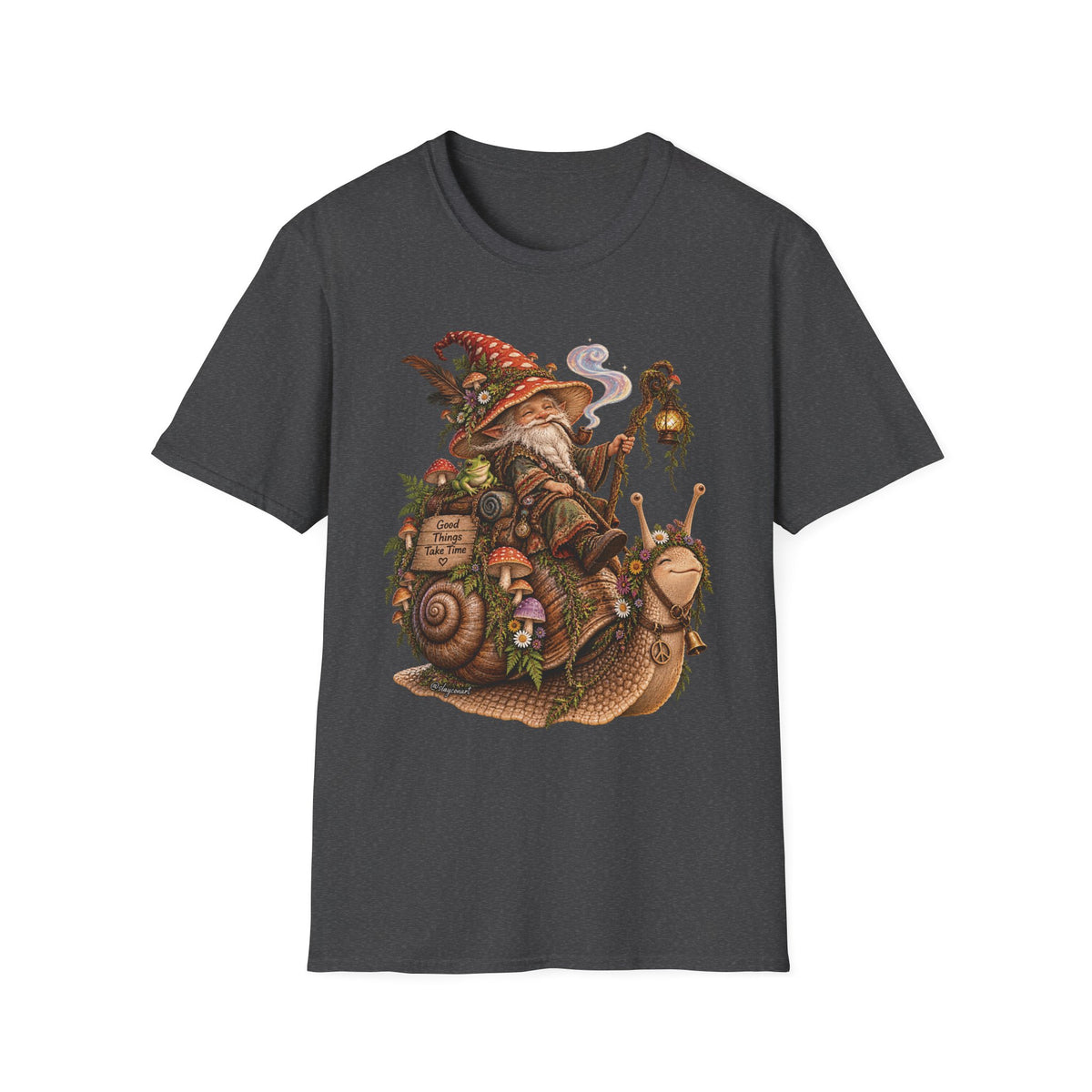 Mushroom Wizard Riding Snail T-Shirt  Whimsical Fantasy Illustration Tee