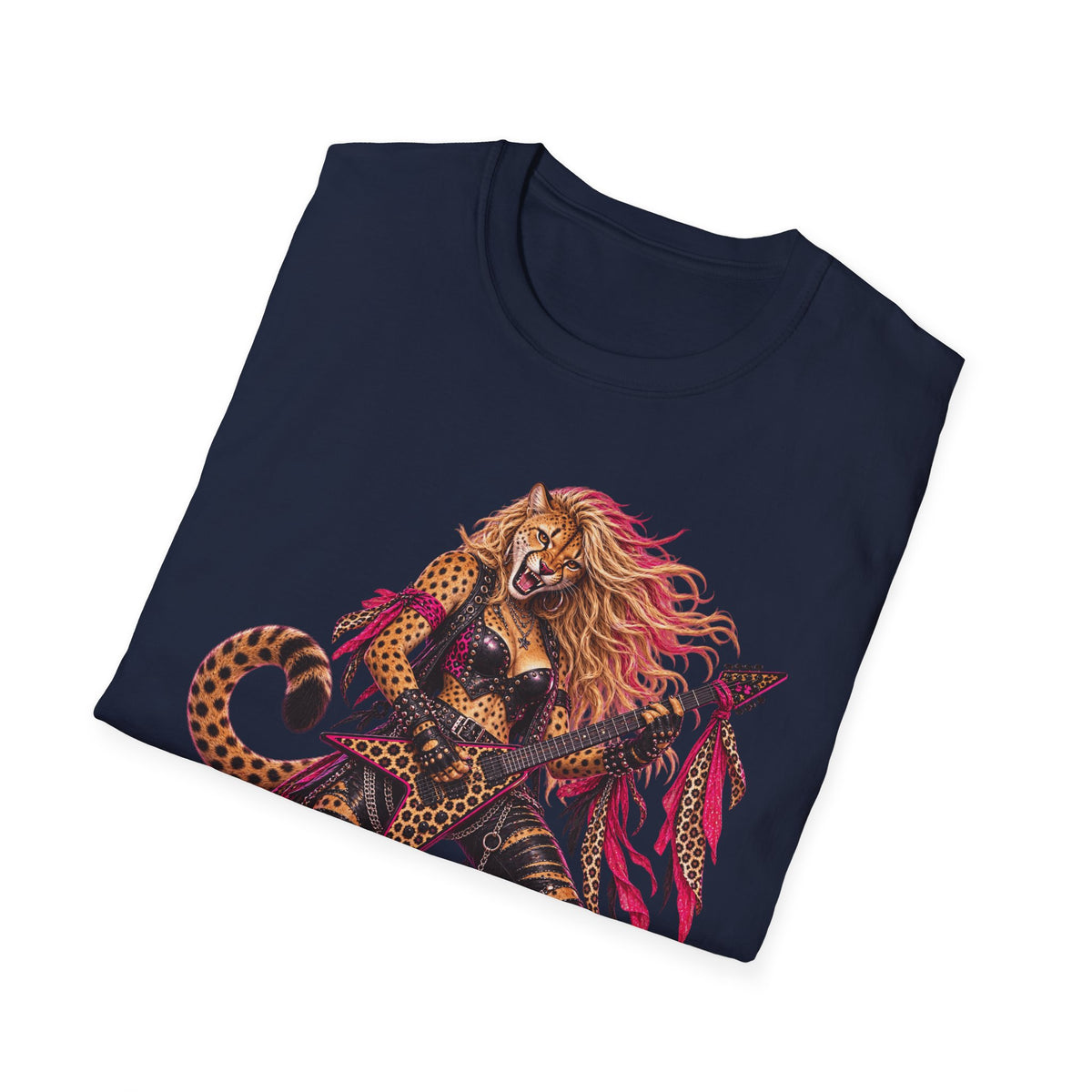 Glam Metal Cheetah Guitarist T-Shirt — Retro 80s Rock Woman Graphic Tee