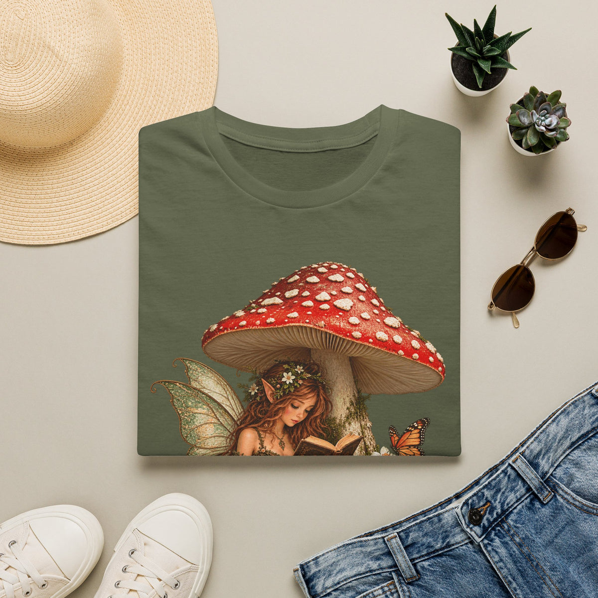 Fairy Mushroom T-Shirt — Woodland Fairy Reading Under Red Toadstool