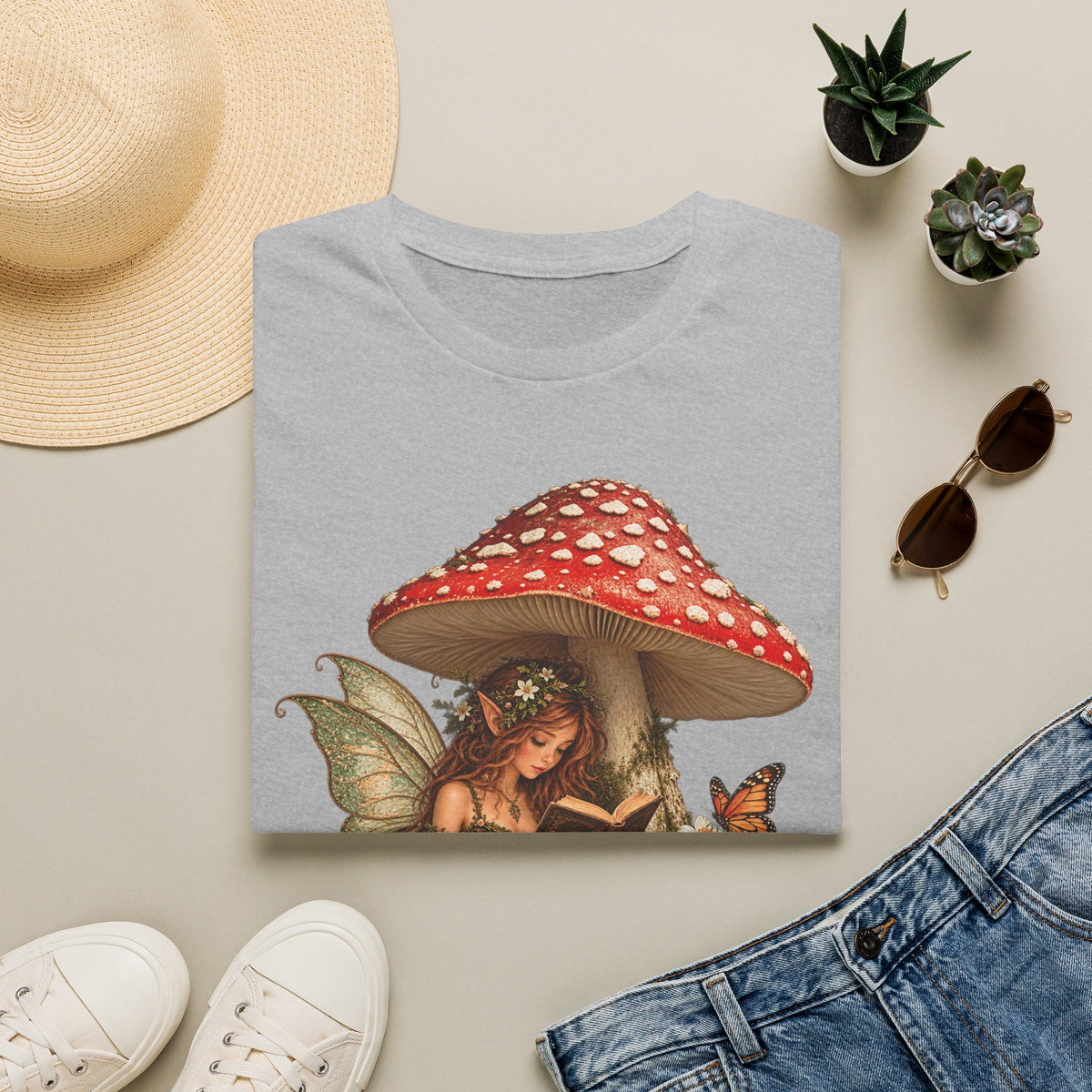 Fairy Mushroom T-Shirt — Woodland Fairy Reading Under Red Toadstool