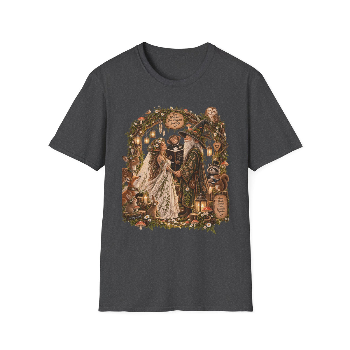 Woodland Wizard Wedding Fantasy T-Shirt — Fairy Tale Bride & Groom Illustration