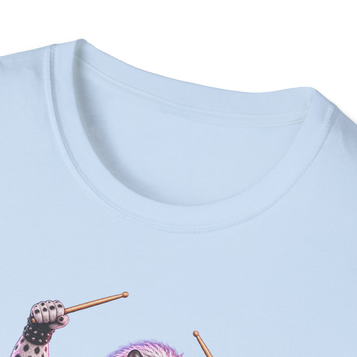 Drumming Snow Leopard T-Shirt — Cute Rock Band Animal Drum Kit Tee