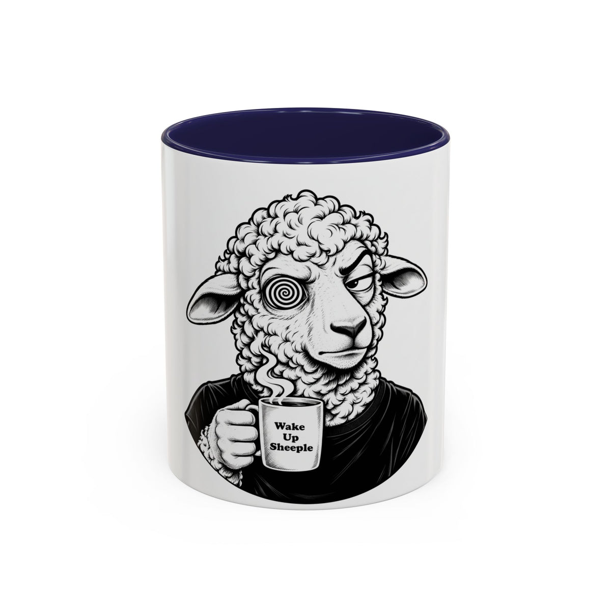 Wake Up Sheeple Coffee Mug — Black-Accent Ceramic Mug with Sheep Illustration