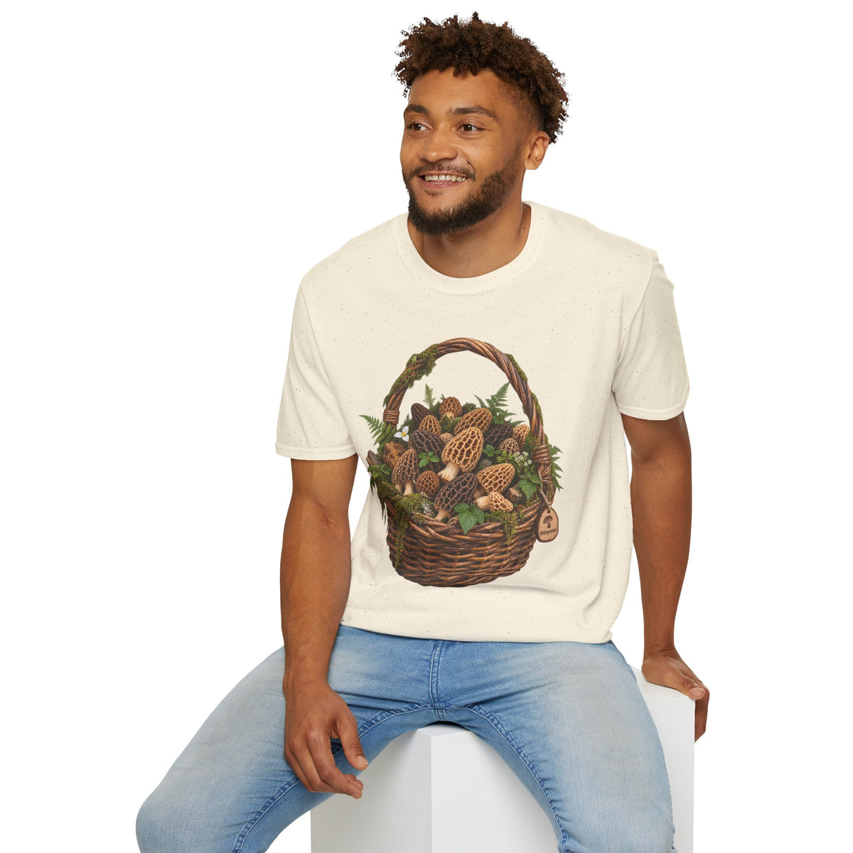 Morel Mushroom Basket T-Shirt Woodland Foraging Nature Graphic Tee Unisex Softstyle T-Shirt