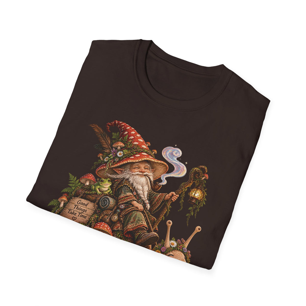 Mushroom Wizard Riding Snail T-Shirt  Whimsical Fantasy Illustration Tee