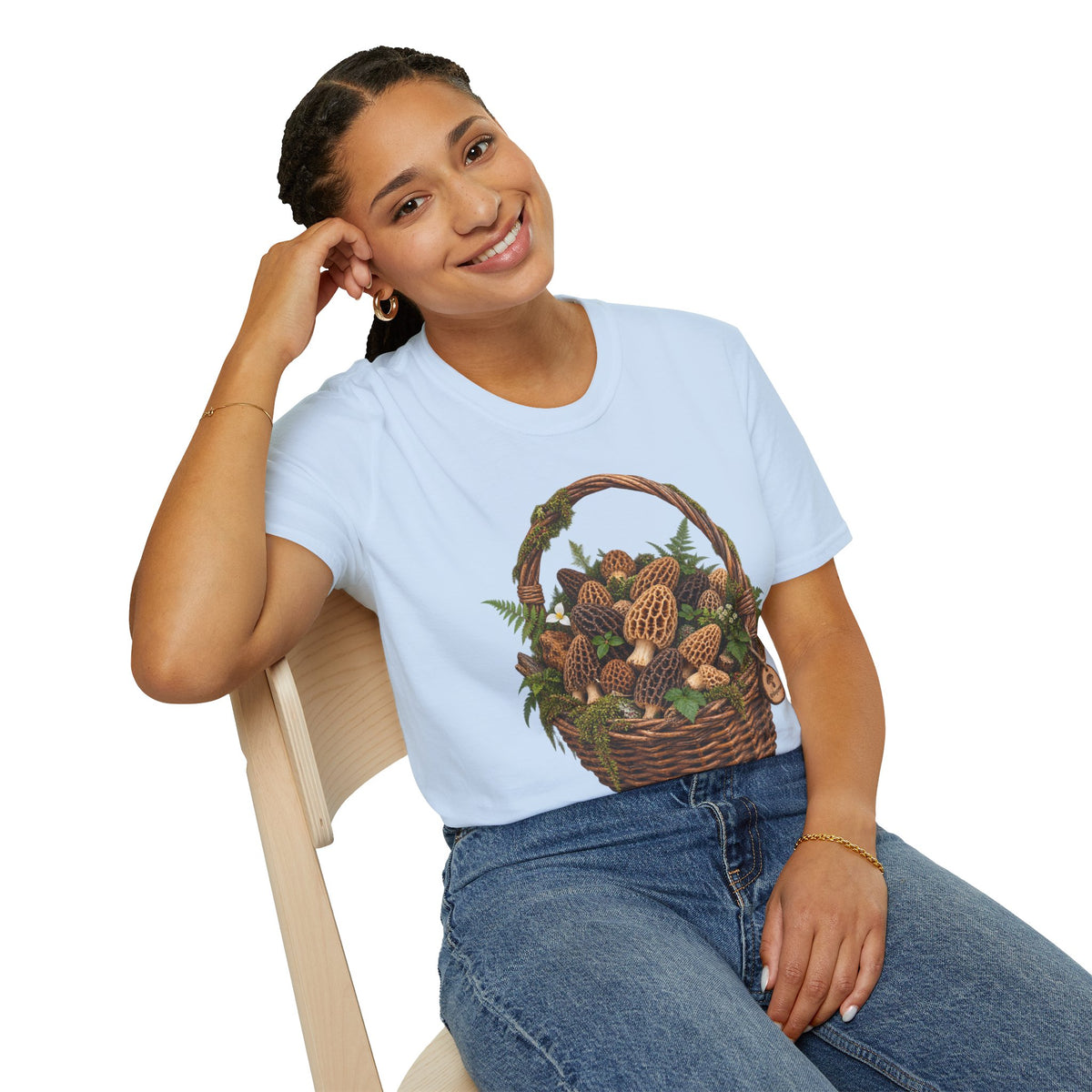 Morel Mushroom Basket T-Shirt Woodland Foraging Nature Graphic Tee Unisex Softstyle T-Shirt