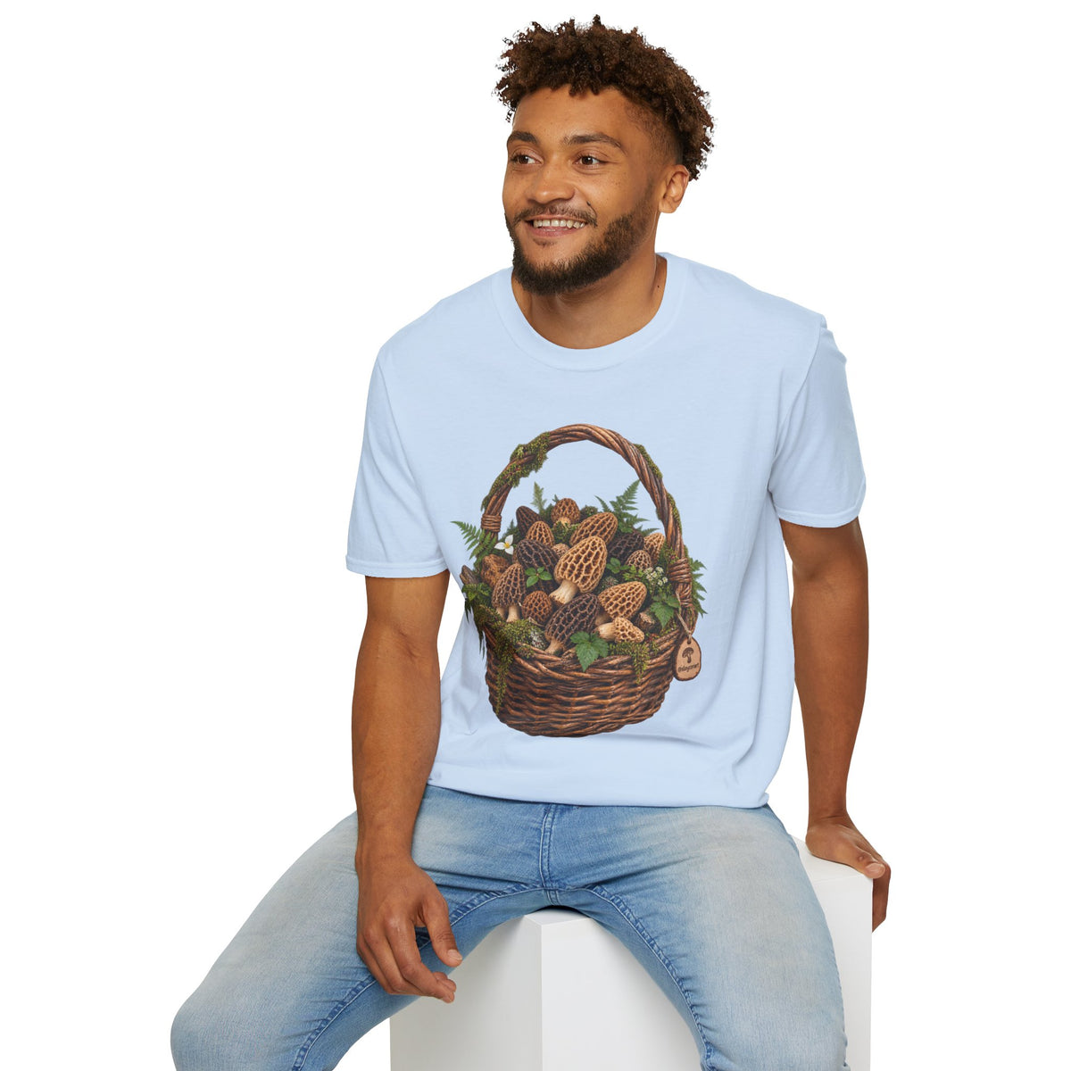 Morel Mushroom Basket T-Shirt Woodland Foraging Nature Graphic Tee Unisex Softstyle T-Shirt