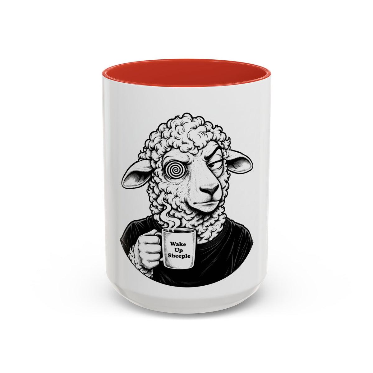 Wake Up Sheeple Coffee Mug — Black-Accent Ceramic Mug with Sheep Illustration