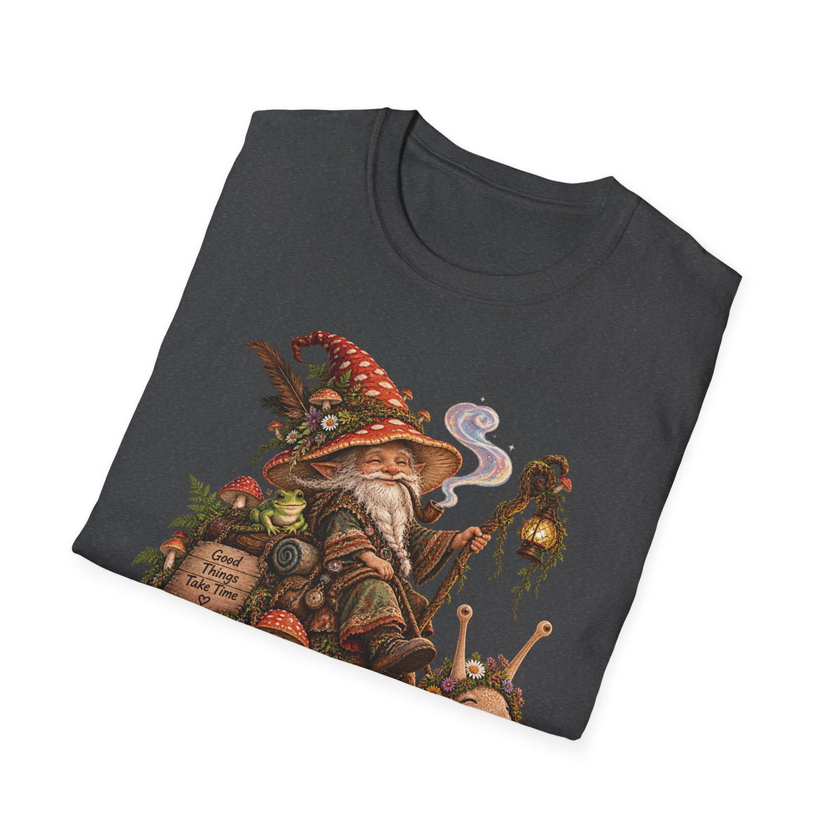 Mushroom Wizard Riding Snail T-Shirt  Whimsical Fantasy Illustration Tee