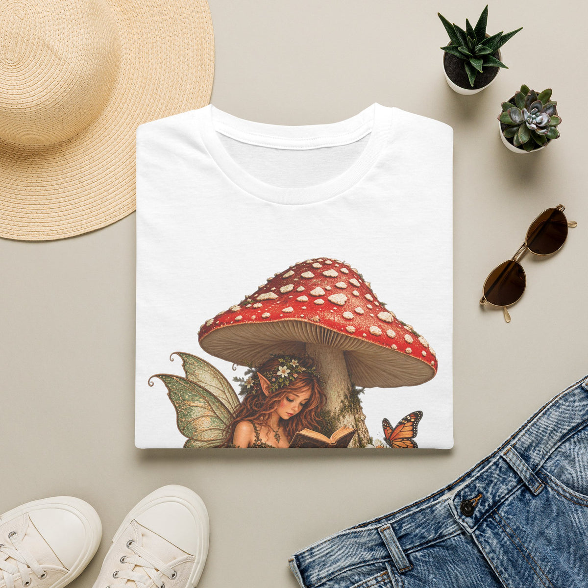 Fairy Mushroom T-Shirt — Woodland Fairy Reading Under Red Toadstool