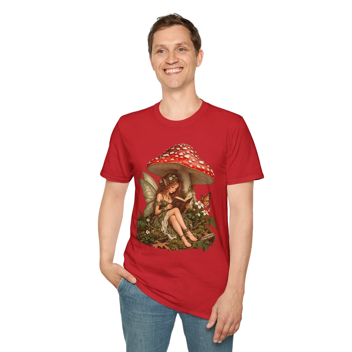Fairy Mushroom T-Shirt — Woodland Fairy Reading Under Red Toadstool