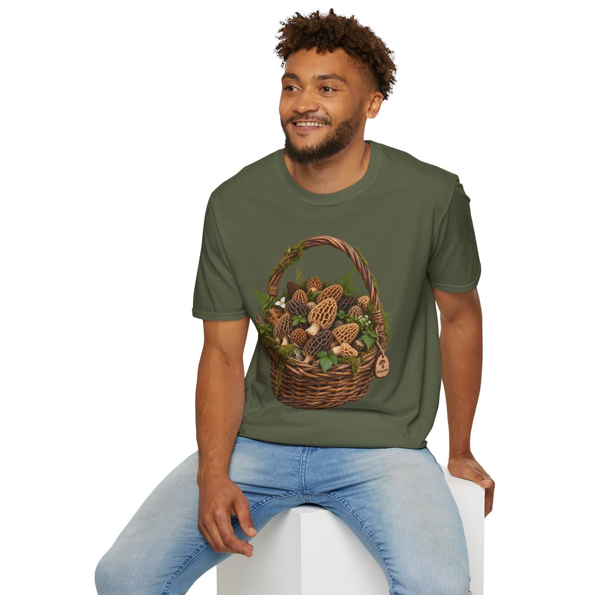 Morel Mushroom Basket T-Shirt Woodland Foraging Nature Graphic Tee Unisex Softstyle T-Shirt