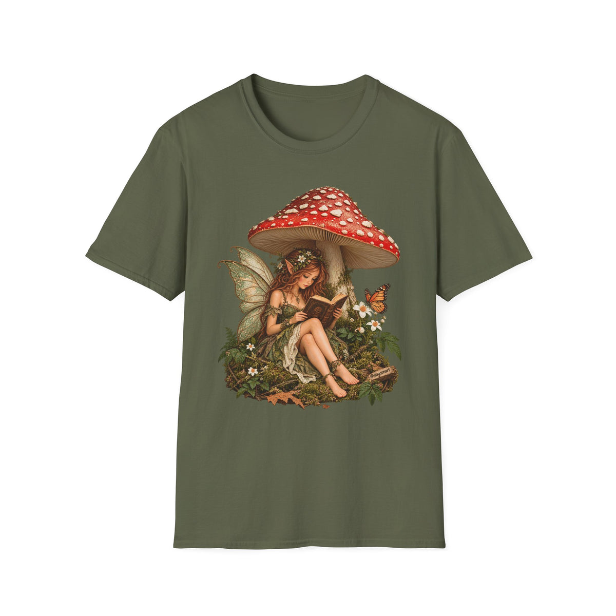 Fairy Mushroom T-Shirt — Woodland Fairy Reading Under Red Toadstool