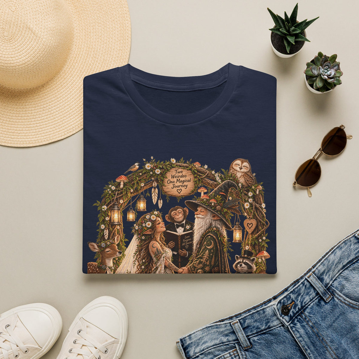 Woodland Wizard Wedding Fantasy T-Shirt — Fairy Tale Bride & Groom Illustration