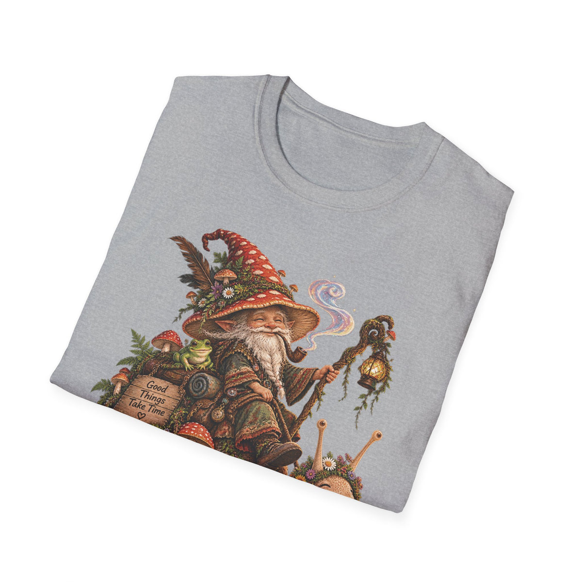 Mushroom Wizard Riding Snail T-Shirt  Whimsical Fantasy Illustration Tee