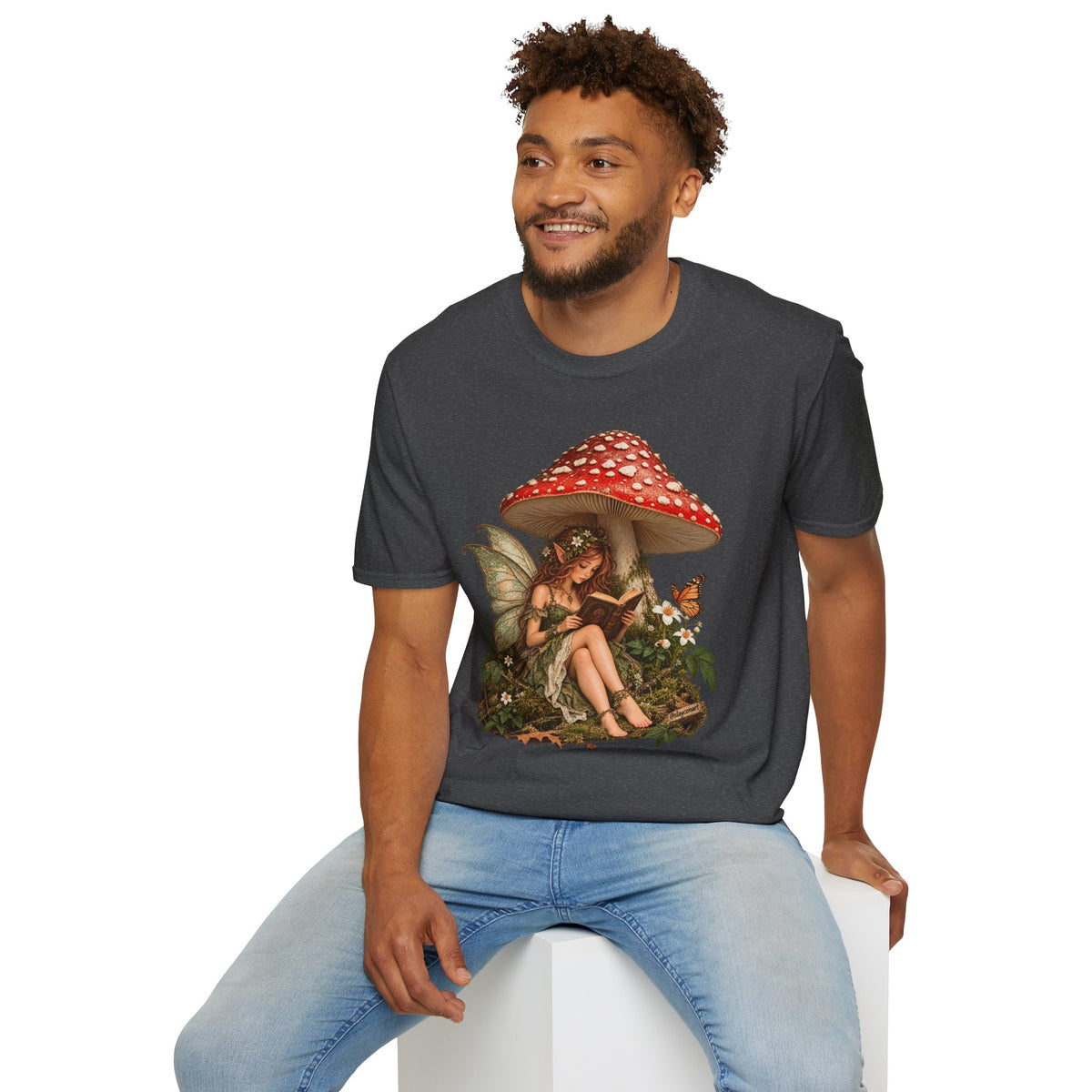 Fairy Mushroom T-Shirt — Woodland Fairy Reading Under Red Toadstool
