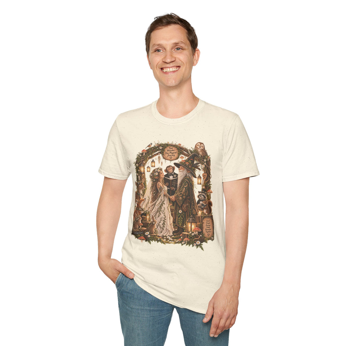 Woodland Wizard Wedding Fantasy T-Shirt — Fairy Tale Bride & Groom Illustration