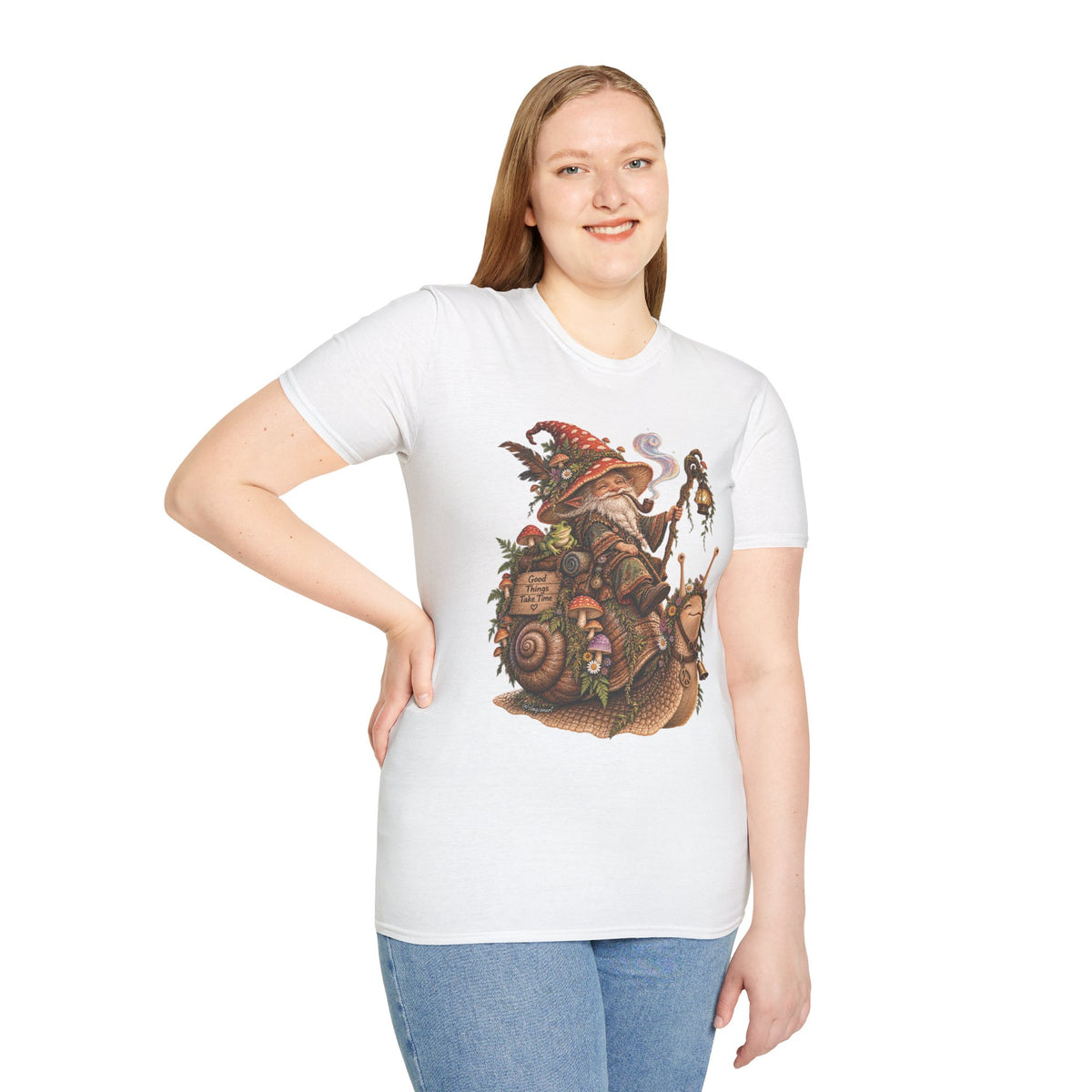 Mushroom Wizard Riding Snail T-Shirt  Whimsical Fantasy Illustration Tee