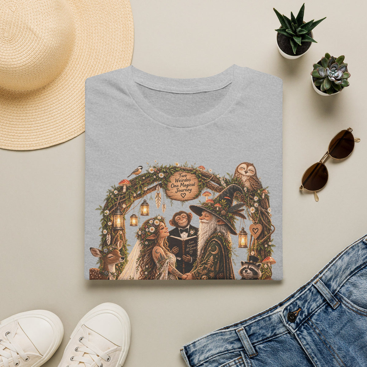 Woodland Wizard Wedding Fantasy T-Shirt — Fairy Tale Bride & Groom Illustration