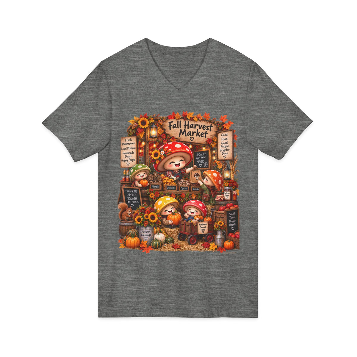 Mushroom Family Fall Farmers Market Jersey Short Sleeve V-Neck Tee