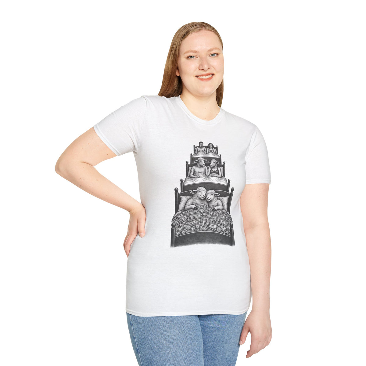 Waking up from the Love of Money Sheep Unisex Softstyle T-Shirt